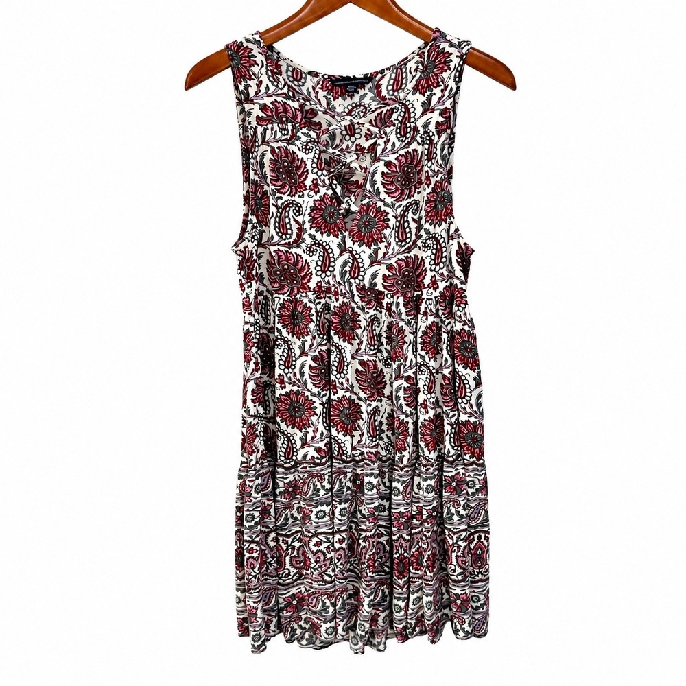American Eagle Outfitters Red Floral Paisley Lace Up Tiered Mini Dress Womens M